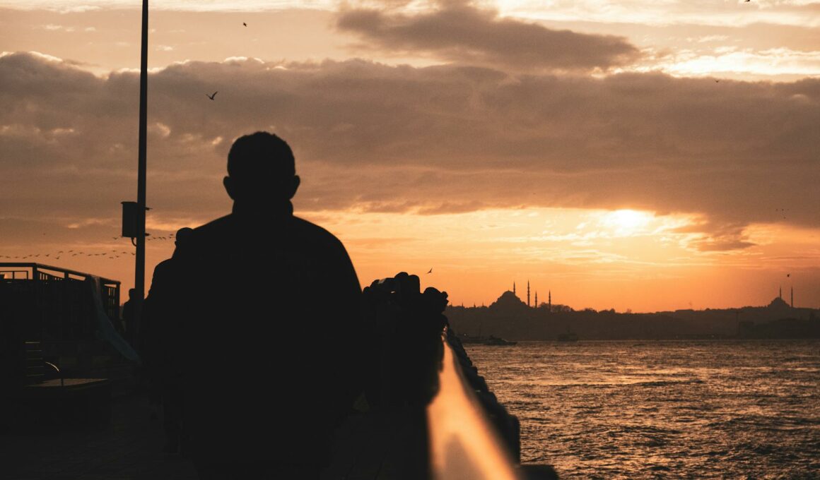 istanbul cityscape behind silhouette of man at sunset